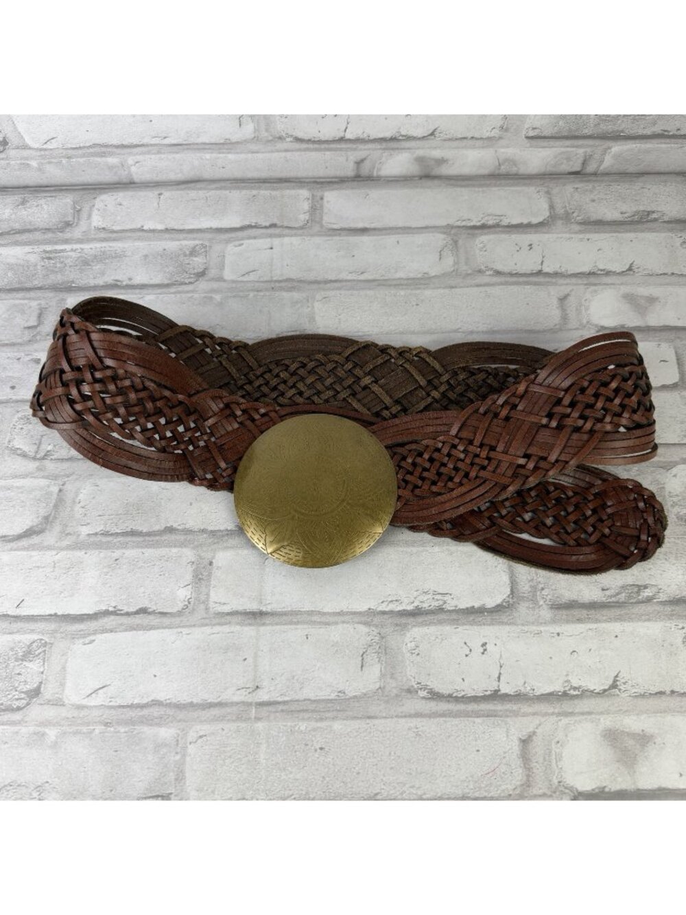 Medallion Buckle Genuine Leather Braided Wide Belt Brown Size M/L